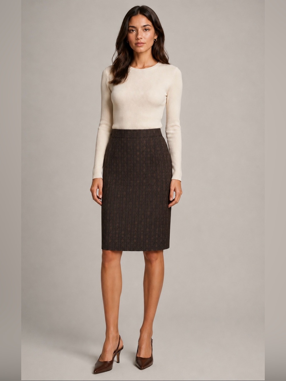 Vintage ESCADA Brown Geometric Jacquard Pencil Skirt EU 40 excellent condition